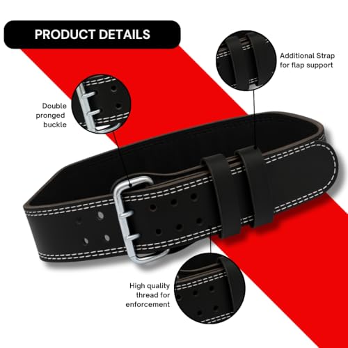 Aurion 4mm Gym Belt for Weight Lifting, Durable Genuine Leather Gym Belt with EVA Foam Padding, Strong Double Pronged Steel Buckle, Optimal Back & Core Support, Black, S-M (28 to 36-inch waist)
