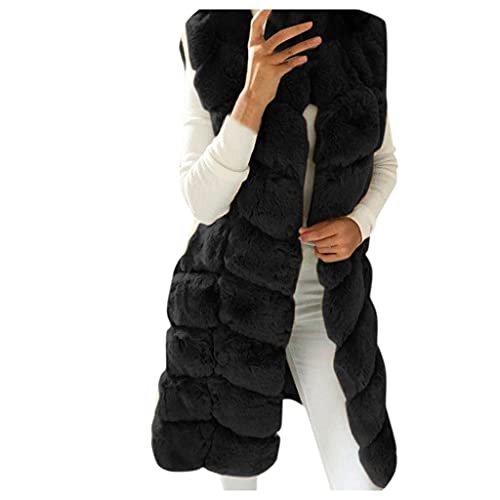 Chaleco de piel sintética para mujer, chaleco de felpa sólido, sin mangas, largo con capucha, chaqueta para mujer al aire libre, abrigo de invierno, Negro, 3XL