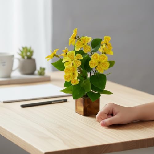 Image of fancymart Artificial Flower Plant Set of 2 with Wooden Pot - 23 cm Height | Real-Touch Faux Floral Decor for Home, Office, Living Room, Bedroom, Desk & Gift Purpose