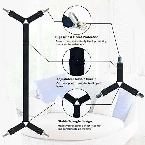 Bed Sheet Clips, 6 Pcs Black Fitted Sheet Holder Straps, Upgraded Triangle Bed Sheet Fasteners For Corners, Elastic Adjustable Bed Sheet Straps For Full, Queen, King Twin Bed #TOP3