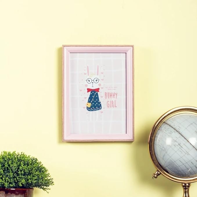 Image of Decorative Wooden Photo Frame 4x6, Pink & Natural Frame for Kids Room, Cute Bunny Illustration Picture Frame, 20cm x 15cm, Tabletop & Wall Display