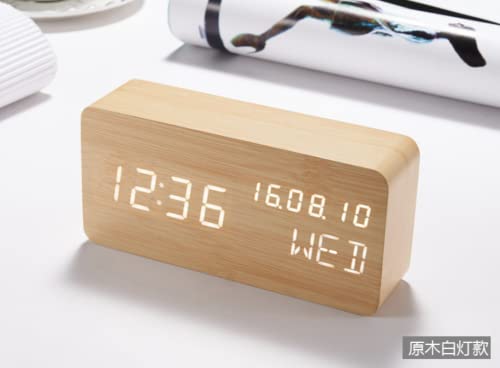 Pokanic Wood Digital Alarm Clock Desk Time, Date(Mm/Dd/Yy), Day Of The Week, Temperature, Nightlight Large Led Display Portable Lamp Bedroom, Office, School, Home, Livingroom, Room (Bamboo) #TOP4