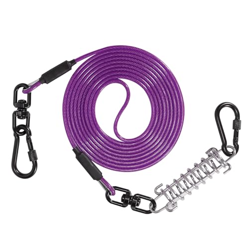 Sisifish Cable de amarre para mascotas, cable de amarre para perros, cable de corredor para perros con gancho giratorio y resorte de choque, correa de perro para patio al aire libre y camping (morado,