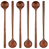 Patelai 6 Pcs 11 inch Long Spoons Wooden Long Handle Round Spoons Korean Style Soup Spoons for Soup Cooking Mixing Stirring Kitchen Tools Utensils