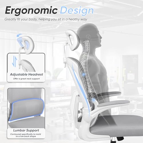 Image of JUMMICO Ergonomic Office Chair, High Back Desk Chair with Adjustable Headrest and Flip-Up Arms, Mesh Computer Chair with Lumbar Support, Gaming Chair, Swivel Task Chair for Home Office, White