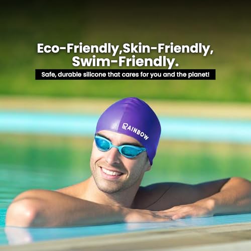 Image of Rainbow Silicone Swimming Cap for Men, Women & Kids | Stretchable Swim Cap for Long & Short Hair | Durable, Waterproof & Comfortable Fit - Purple