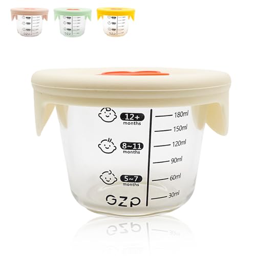 FINELYCR 4 Piezas Tupper para Bebe, 180 ml Tupper Cristal Pequeño, con Marcas de Medición, Reutilizable Tupper Bebe, con Tapa de Silicona para Evitar Fugas, para Almacenar Comida para Bebés y Frutas