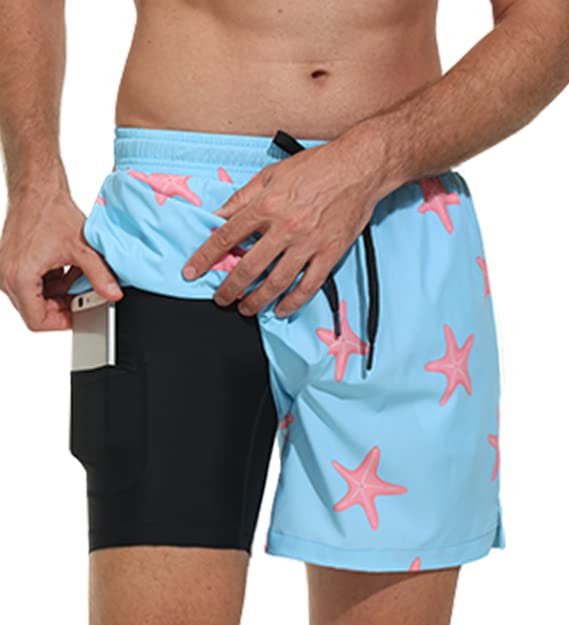 VAYAGER Men's Swim Trunks with Compression Liner - Quick Dry Bathing Suit 5 inch Inseam Swim Shorts for Beach