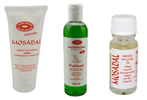 Mosadal Bain de pieds 250 ml - Crème hydratante à l'urée - 100 ml - Éliminateur de callosités testé pour le soin des pieds avec huile de soin des ongles 10 ml Cover