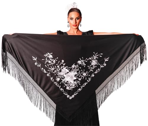 AMINA JAADE Mantón flamenco grande. Medida 195X95cm sin contar los flecos (30cm), bordado a una cara. (Negro bordado blanco)