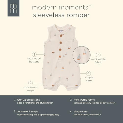 Modern Moments by Gerber Baby Boys\' Sleeveless Romper, Beige Sailboat, 0-3 Months