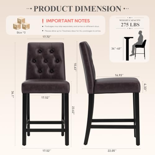 Image of MALOL Bar Stools Set of 6 Faux Leather Counter Height Bar Stools,Darkbrown