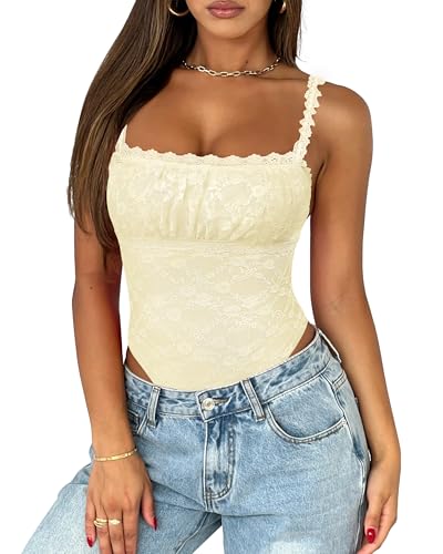 Saslax Women's Sexy Square Neck Lace Sleeveless Bodysuit Tank Tops Double Lined Body Suit Thong Outfits