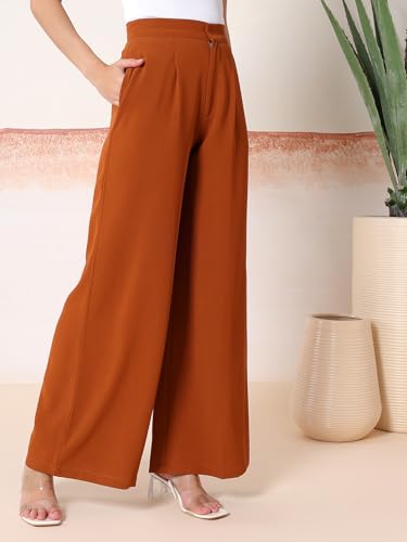 Image of KOTTY Womens Solid Straight fit Pleated Front Office Wear Pant