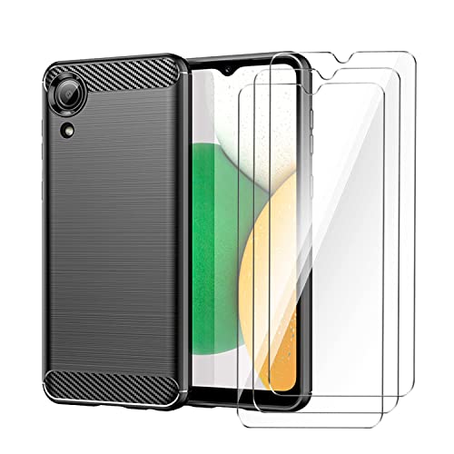 CQiuLi Coque pour Samsung Galaxy A03 Core + 3 x Verre Trempé Protection écran, Souple Flexible en TPU Brossé Housse Bumper Case, Anti-Rayures/Absorption des Chocs - Noir Fibre de Carbone Cover