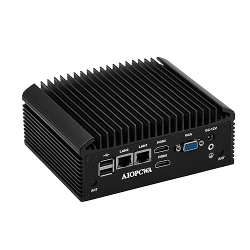 AIOPCWA Fanless Mini PC Industrial Computer N100, 2 x RS232/RS485 COM, 2 x Gigabit RJ45 LAN, Embedded Micro PC, DDR4 Barebone No RAM/SSD/OS, Dual HD Port, VGA, Mini PCIe, 6 × USB