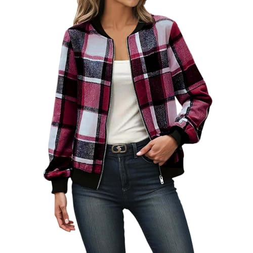 Chaqueta bomber mujer con diseño de cuadros clásico con cremallera abrigo delgado ajuste cremallera corta flor impresión chic chaquetas chándal elegante sin capucha manga larga cuello redondo, morado