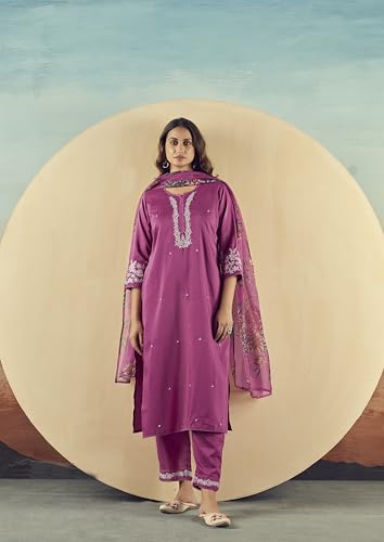 Image of INDO ERA Rayon Pink Straight Embroidered Kurta With Pant & Dupatta Set For Women
