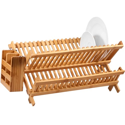 Gatphy Escurridor de platos de bambú de 2 niveles, plegable, 20 ranuras con barril de cubiertos, escurridor de platos de cocina, soporte de almacenamiento para cuencos, posavasos, tazas, tabla de