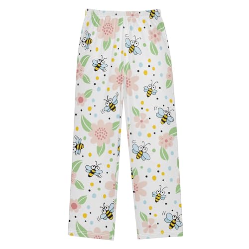 ZZXXB Bee and Flowers Boys Long Pants Soft Trousers Elastic Waist Kids Lounge Bottoms with Pockets S-XL