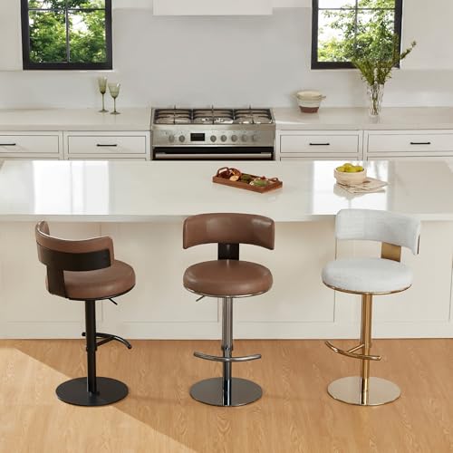Butacos ajustables CHITA, set de 3, con giro de 360° y base metálica para barra, isla de cocina o comedor, asiento en cuero sintético marrón silla y estructura negra miniatura 7