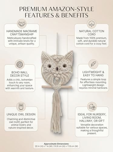 Image of JH Gallery Macrame Owl Wall Decor Hanging, Bohemian Cotton Rope Handmade Owl Tapestry for Bedroom, Living Room and Office Decor, Boho Theme Home Decor Tapestry.
