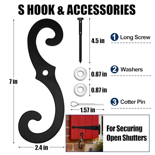 Image of 6 Pack (3 Pair) Steel Blind Shutter Hinges Set 11.75 inch Black Wrought Iron Shutter Offset Pintle Strap Hinge with 2 S-Hooks, Heavy-Duty Rust-Resistant Hardware Kit