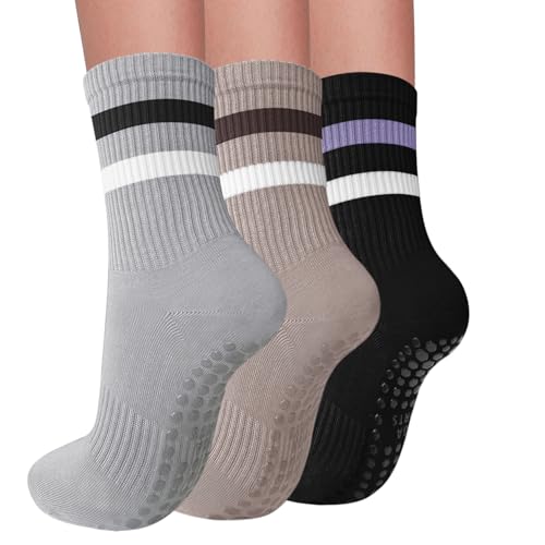 Elapse Space 3 pares de calcetines de pilates con agarres para mujer, calcetines antideslizantes para yoga, calcetines antideslizantes, 3 pares de rayas negro/gris oscuro/caqui, Talla única
