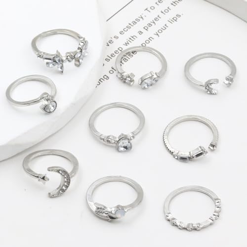 CSIYSNJRY99 Dainty Silver Rings for Women Boho Stackable Star Moon Flower Silver Rings Set for Teens Vintage Crystal Knuckle Stacking Rings 7
