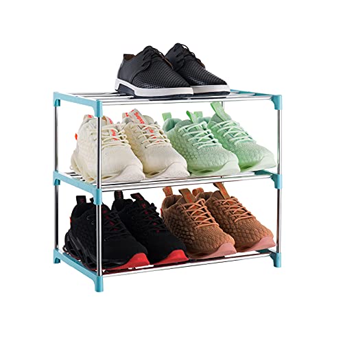 Xerhnan 3-Tier Stackable Small Shoe Rack, Lightweight Shoe Shelf Storage Organizer for Entryway, Hallway and Closet(Blue)