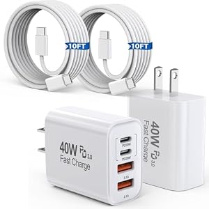 10FT iPhone 17 16 15 Pro Charger, 2Pack 10Foot USB C to C Woven Cable Cord 40W USB C Apple Charger 4 Port PD&AC Charge Block Fast Charging for iPhone 17 Air/17 16 15 Pro Max/16e/16 Plus/15/15 Pro/iPad