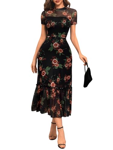Image of GothDark Women's Summer Floral Mesh Ruffle Dress Short Sleeve Round Neck Waist Cinched Casual Maxi Wedding Guest Dresses