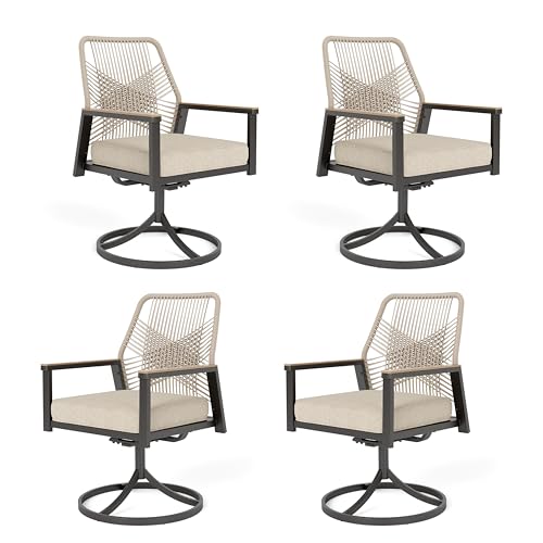 Image of MIXPATIO Patio Wicker Swivel Chair Sets of 4, Outdoor Dining Chairs with 3.1 inch Seat Cushions, Sturdy Metal Frame & Wood Grain Armrest, Beige