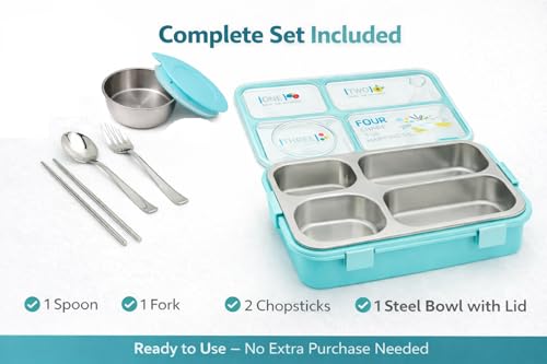 Image of TEC TAVAKKAL 4 Compartment Leak-Proof Lunch Box with Extra Steel Bowl & Lid, 900ML Bento Lunch Box | BPA Free | Includes Spoon, Fork & Chopsticks, Dishwasher Safe, Food Grade Durable Material (Blue)