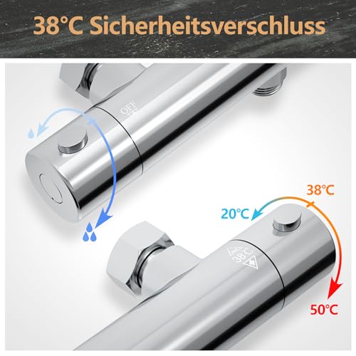 JOHO Thermostatbatterie Duscharmatur mit Thermostat, Dusche Thermostatarmatur Mischbatterie mit 38 °C Sicherheitstaste, Duscharmatur Chrom Rund