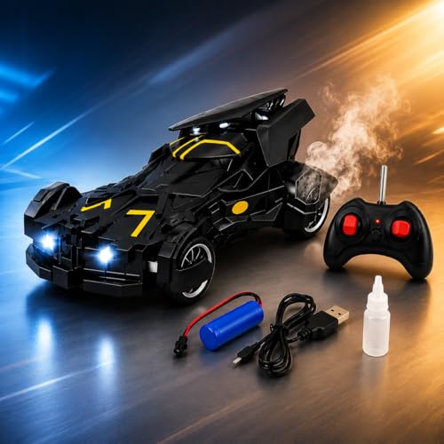 Image of The Flyers Bay Remote Control Car for Kids with Mist Spray Action, Flashing LED Lights, 10ft Control Range, Rechargeable RC Toy Car for Boys & Girls Age 4+ (Batman Smoke Car)