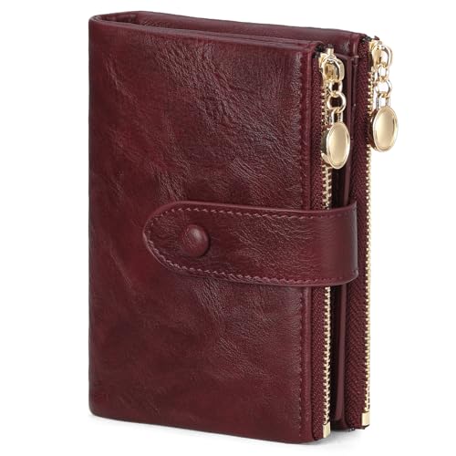 GAEKEAO Small Wallets for Women Leather RFID Blocking Bifold Double Zipper Pockets Wallet Card Case Purse with 2 ID Windows