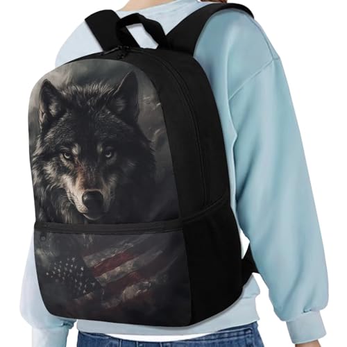 Girls Bookbags Ages 9-12 American Flag Wolf Backpack for Boys Preschool Lightweight 17 Inch School Bags with Front Pockets for Kindergarten Childrens Daily Wear or Casual Daypack4