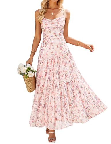 ZESICA Women's Summer Floral Sleeveless Maxi Dress 2026 Boho Mesh Spaghetti Strap Flowy Beach Wedding Guest Long Dresses Apricot Large