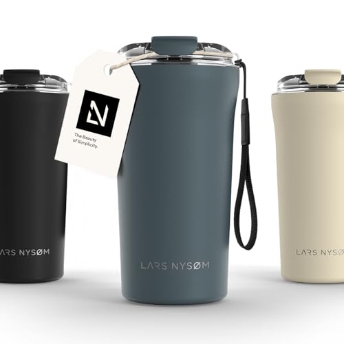 Image of LARS NYSOM Thermo Coffee Mug to go with Strap 17oz | Travel Mug 0.5 Liter with Insulation | Leak Proof Stainless Steel Thermal Tumbler for Coffee and Tea to Go (Stone Blue, 17 oz)