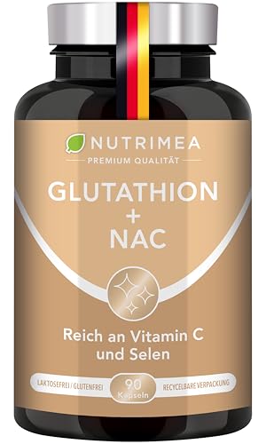 L Glutathion - Mit NAC + Vitamin C | Optimale Formel Reduziert zu 98% | Tripeptid: Glutaminsäure Cystein Glycin | 90 Kapseln Hochdosiert 100% Vegan - Premium Qualität - Nutrimea