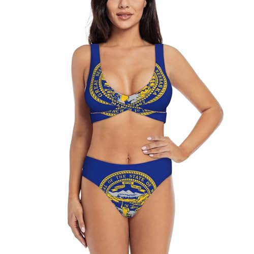 Fgwaauh Snebraska - Conjunto de bikini con estampado de bandera y cuello en V para mujer, trajes de baño de playa 2026, Negro, M