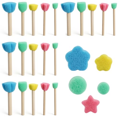 Set de 20 Pinceles de Esponja para Pintura, Formas Redonda, Flor y Estrella en 5 Colores con Mango de Madera