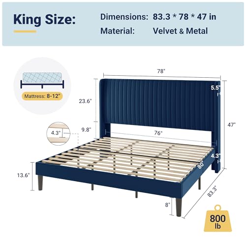 Image of Allewie King Size Velvet Bed Frame /Vertical Channel Tufted Wingback Headboard /Upholstered Platform Bed /Strong Wooden Slats /No Box Spring Needed /Easy Assembly /Blue
