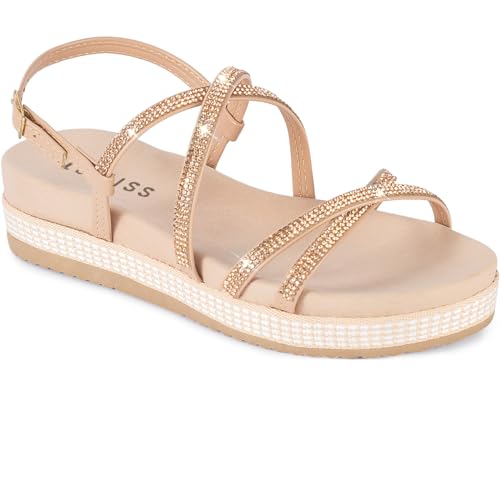 Papete Feminina Strass Brilho Sandália Tiras Flat Conforto BOR2 nude36