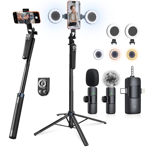 Content Creator Essentials Vlogging Kit for iPhone 71 Tripod for iPhone Video Recording with Light Wireless Microphones Remote Selfie Stick Phone Stand for TikTok YouTube