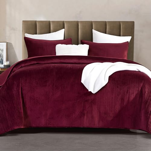 Elegant Comfort Luxury 3-Piece Velvet Corduroy Stripe Quilt Set, Ultra Soft Bedspread - Cozy Velvet Coverlet Set - 3PC Medium Weight Quilted Set with Matching Pillow Shams, Full, Burgundy