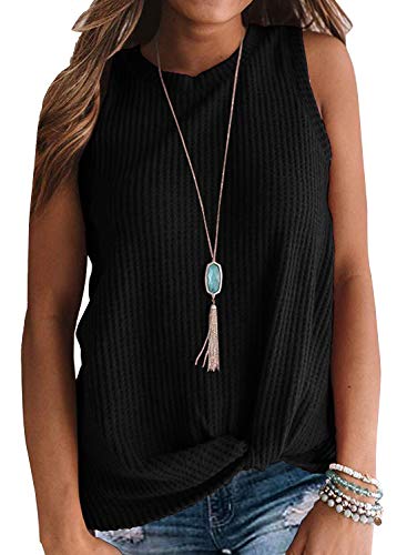 IWOLLENCE Womens Waffle Knit Tunic Casual Blouse Sleeveless Cute Twist Knot Tank Tops Black, L