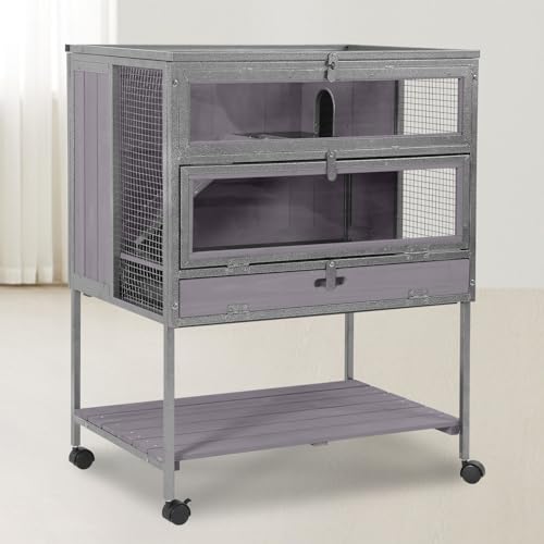 GUTINNEEN Guinea Pig Cage for Small Animals, Hamster Cage with Metal Iron Frame & Chew-Proof Aluminum Edges, 2-Story Small Animal Cage with Leak-Proof Tray, Hideout, and Storage Shelf, Black