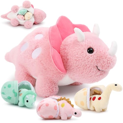 Image of Karister 17.6in Pink Dinosaur Toys for Girls, Mommy Dinosaur Stuffed Animal with 3 Baby Dino Plush(Triceratops, Stegosaurus and Diplodocus),Small Dino Plushies for Girls and Boys,Gifts for Kids